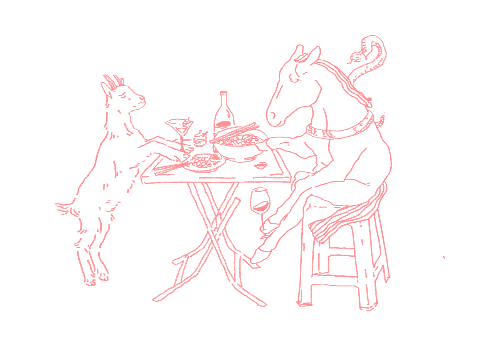 A goat and a horse sharing dinner at a folding table